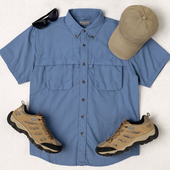 LL Bean Utility Blue Nylon Fishing Hiking Outdoor Short Sleeve Button Shirt XL - Picture 11 of 12